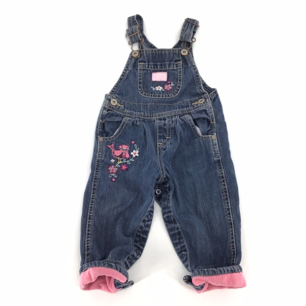 OshKosh B'Gosh Embroidered Flower Toddler Sz 12M Bibs Overalls Denim Jean Retro
